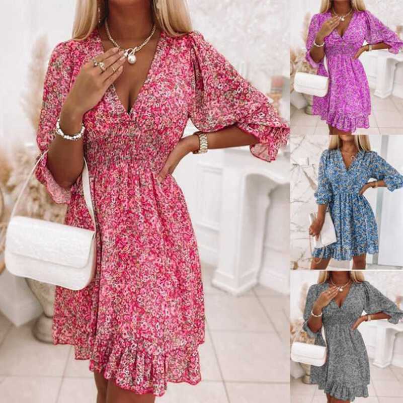 

2022 Women' New Mid length Dress Waist Pullover Bohemian Printed Short Sleeve Fragmented Flower Dress, Blue