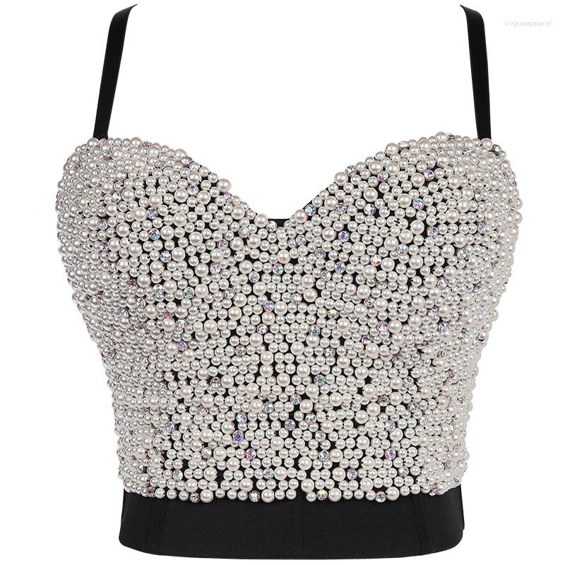 

Women's Tanks Brand Summer Tops Slim Corset Luxury Sexy Pearls Beaded Camis Push Up Bustier Corselet Crop Y2k Tank Woman Streetwear, As photo