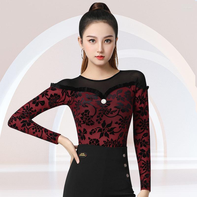 

Stage Wear Ballroom Dance Performance Costumes For Women Long Sleeved Latin Shirts Chacha Rumba Tango Dress DN14253, Black top