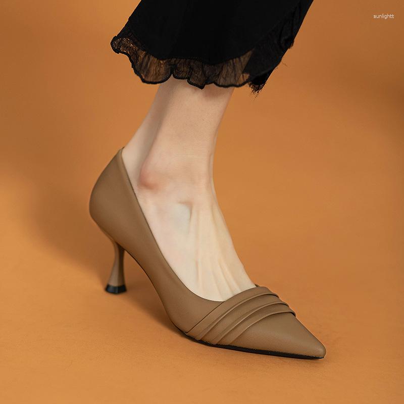

Dress Shoes Designer Pumps Women High Heels Ruffles Boat Pointed Toe Stilettos Office Lady Shoe Black Spring Autumn, Camel
