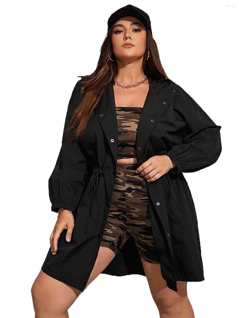 

Outerwear Plus Drawstring Waist Hooded Coat L9hu#, Black