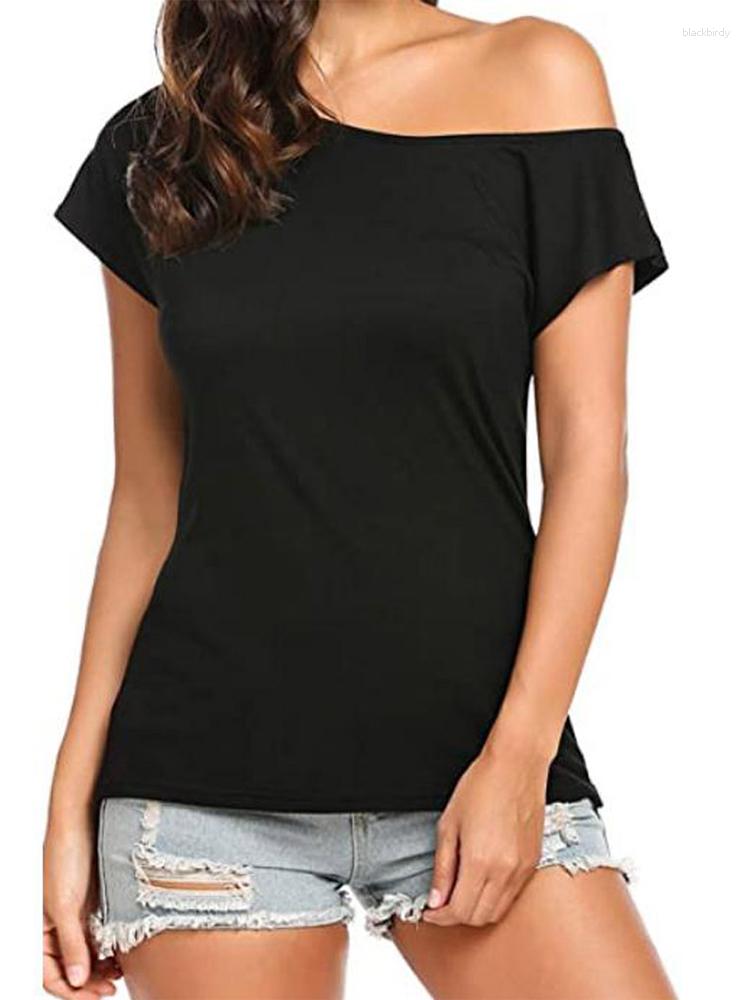

Women's T Shirts Solid Elegant Summer Diagonal Neck Off Shoulder Tops Women Backless Short Sleeves Casual Irregular Base Comfort Pullover, Rose red a