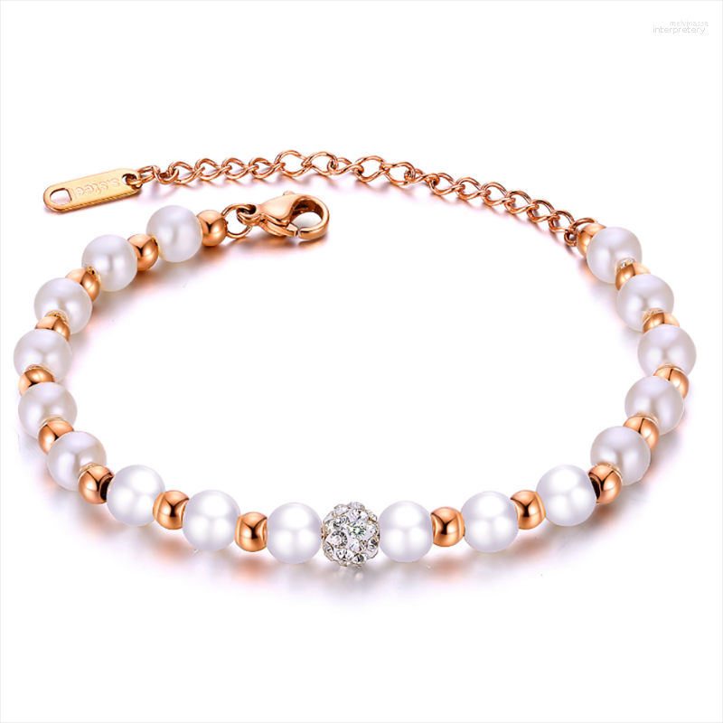 

Link Bracelets Stainless Steel Delicate Rose Gold Zircon Ball Stone Pearl Women Ladies Bracelet Bangle Gift For Him
