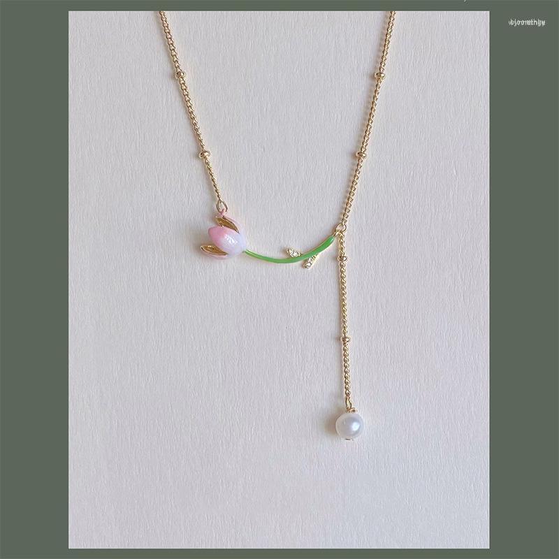 

Chains Japan And South Korea Temperament Elegant Tulip Flower Pearl Tassel Necklace