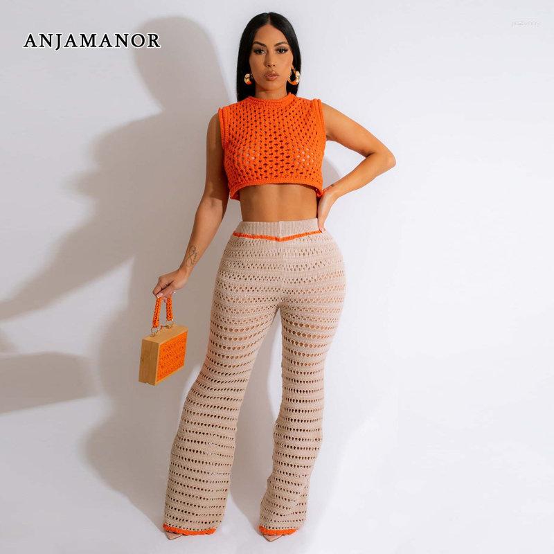 

Women' Two Piece Pants ANJAMANOR Knitted Crochet Wide Leg Suit Womens 2 Set Casual Vacation Summer Outfits For Women 2023 D29-FG44, Green