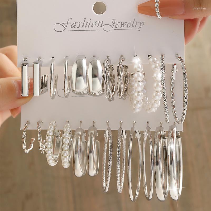 

Dangle Earrings Trendy Set For Women Girls Simple Silver Color Pearl Metal Circle Hoop 2023 Fashion Gift