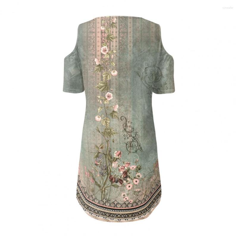 

Casual Dresses Hollow Out Beautiful Cutout Lady Summer Dress Boho Women Flower Printing Female Clothes, Green
