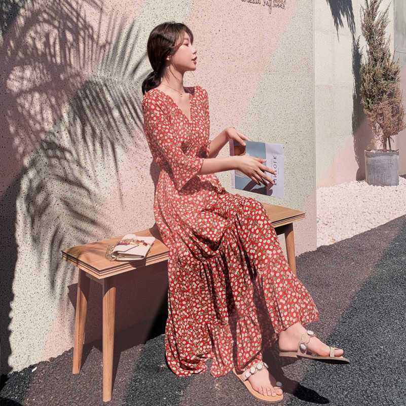 

Mid sleeved floral dress, spring new summer chiffon long skirt, small and fresh, waist tight, slim mid length skirtdress women clothes, Picture color