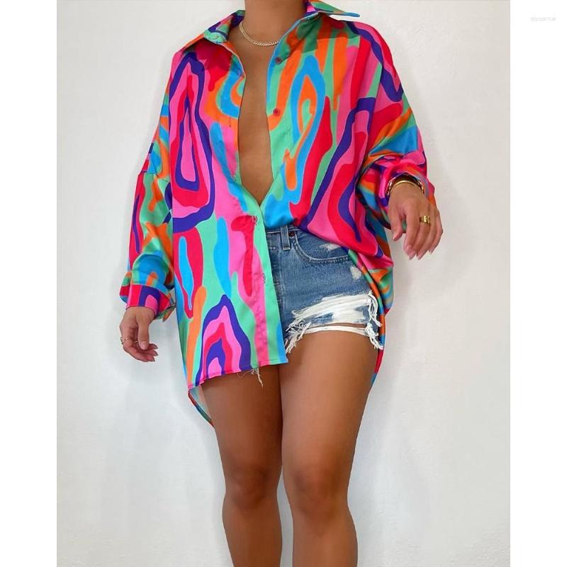 

Women's Blouses Women Abstract Print Button Down Shirt Summer Fashion Femme Casual Turn-down Collar Long Sleeve Oversized Outfits Streetwear, Multi