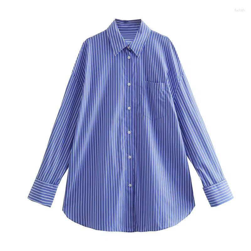 

Women's Blouses Dave&Di Boyfriend Loose Long Shirt Vintage Casual Striped Blouse Women, Blue