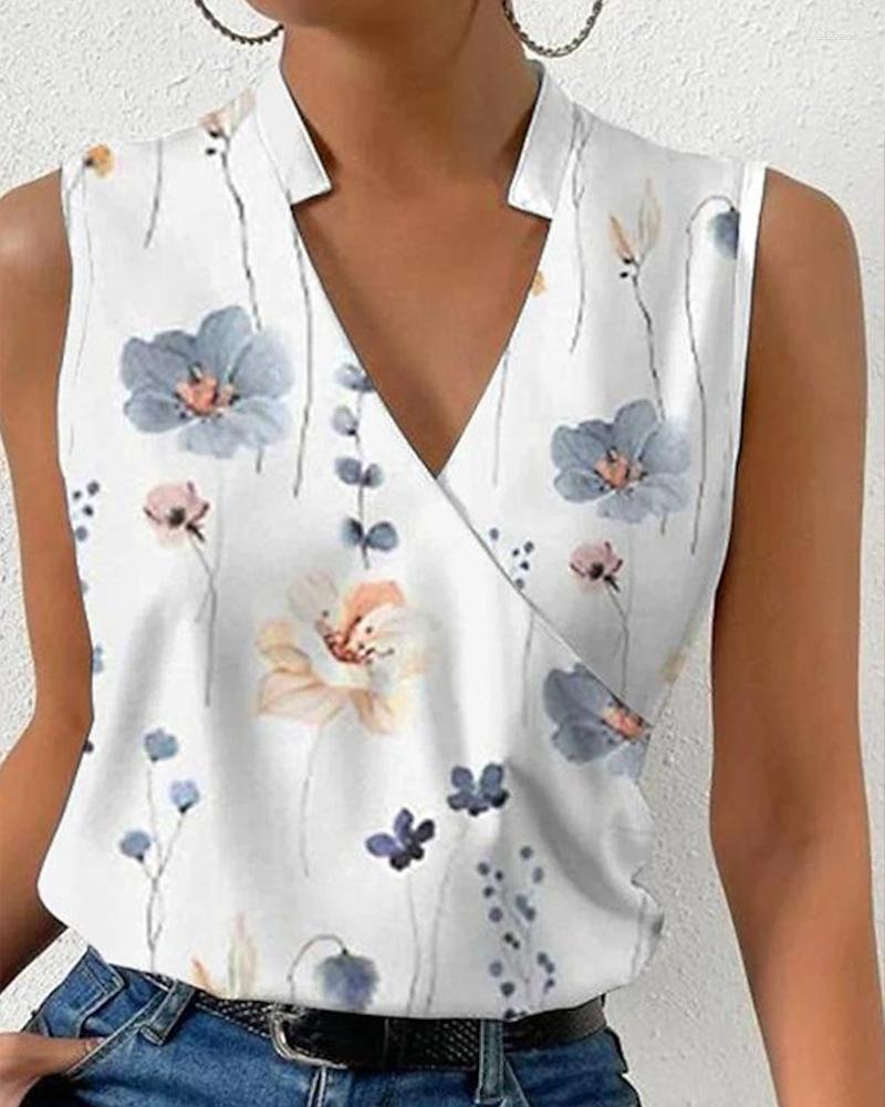 

Women' Tanks Floral Print Sleeveless Wrap Blouse Women V Neck Spring Summer Flower Sexy Vest Tops, White