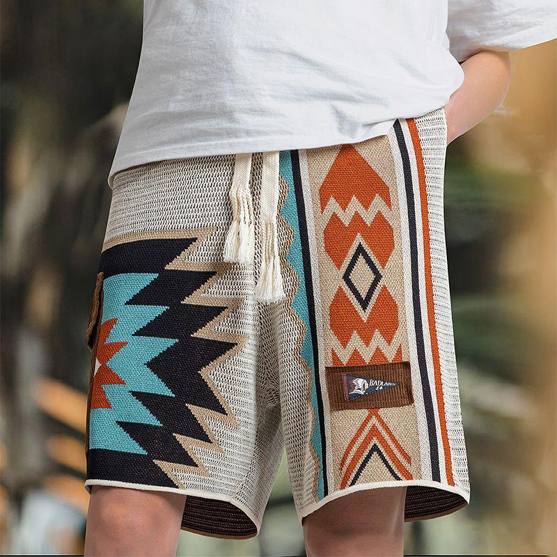 

Men's Shorts Men's American Retro Ethnic Style Knitted Geometric Contrast Pattern Embroidered Beach Short Pants For Men's Summer, As shown