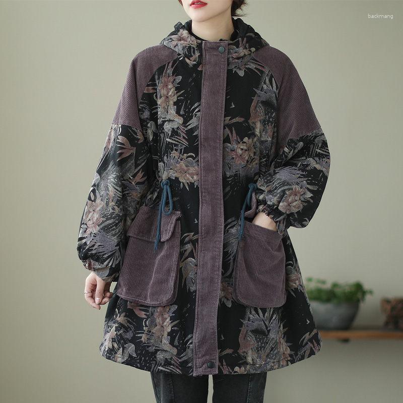 

Women's Trench Coats Mom's Loose Cotton Padded Jacket Women's Winter Retro Hit Color Printed Quilted Coat Mid-Length Parkas Mujer, Floral 1