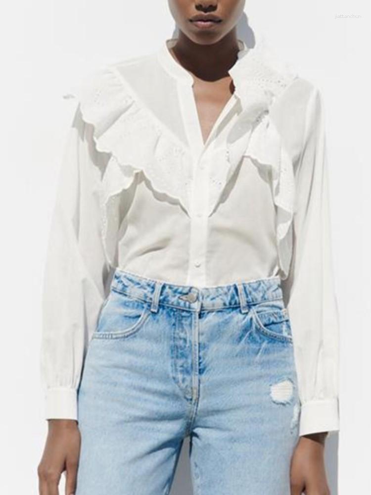 

Women's Blouses Summer Women Blouse Patchwork Embroidery Lace Ruffles White Shirt Long Sleeve Button Elegant Office Lady Tops Korean Style