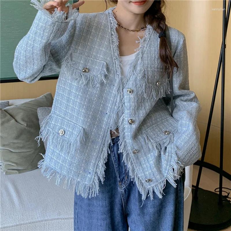 

Women' Jackets 2023 Fashion Chic Tweed Woolen Jacket Coat Women Spring Autumn Single Breasted Tassel Office Lady Outwear, Sky blue