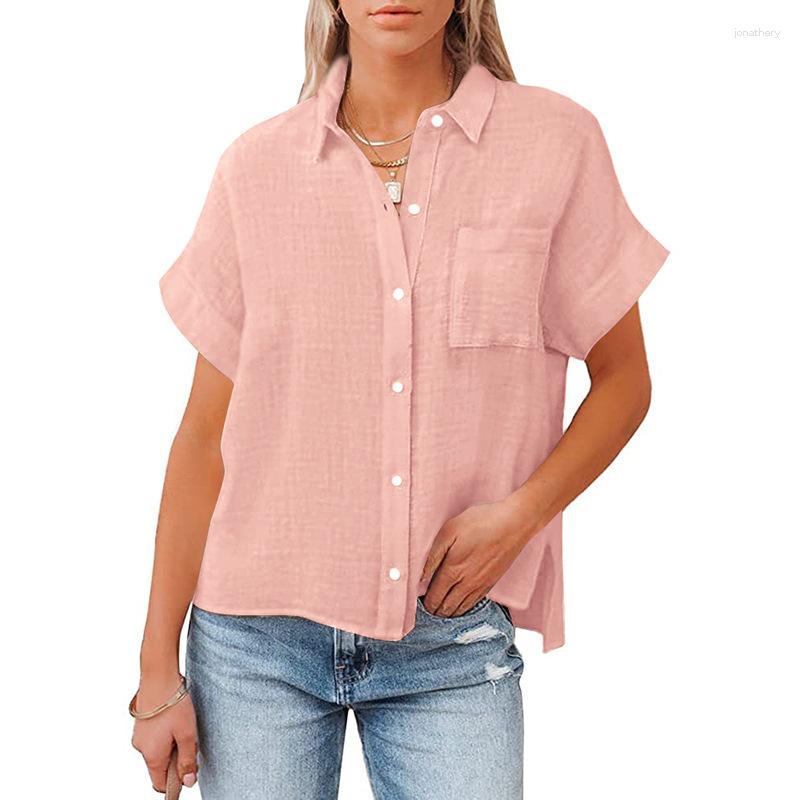 

Women's Blouses Summer Est Cotton And Linen Short Sleeve Casual Side Split Women Shirt With Pocket Female Clothes Women's T-shirt, Black