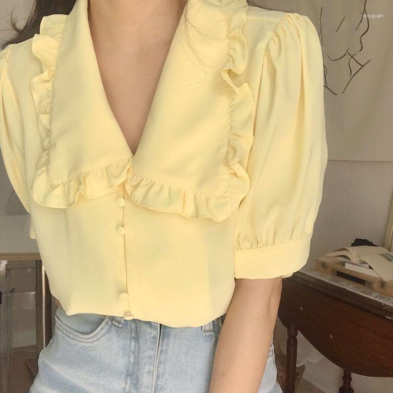 

Women's Blouses Summer V-Neck Loose Slim Short Sleeve Doll Neck Small Thin Solid Top French Shirt Women, White