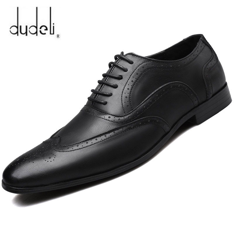 

New Arrivals Men Business Dress Shoes Oxford Retro Bullock Classic Business Formal Pointed Toe Leather shoes Zapatos Hombre, Black