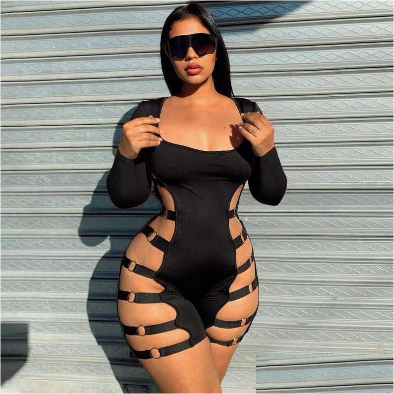 

Women' Jumpsuits Rompers Womens 2023 Fashion Amp Long Sleeve Uneck Sexy Hollow Out Nightclub Bodysuit Women Drop Delivery Apparel Dh6O8, Black2
