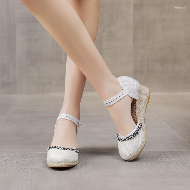 

Sandals Women Jelly Shoes Weave Buckle Strap Linen Cloth 5CM Wedges Leisure Comfort Beige, 1588-816 black