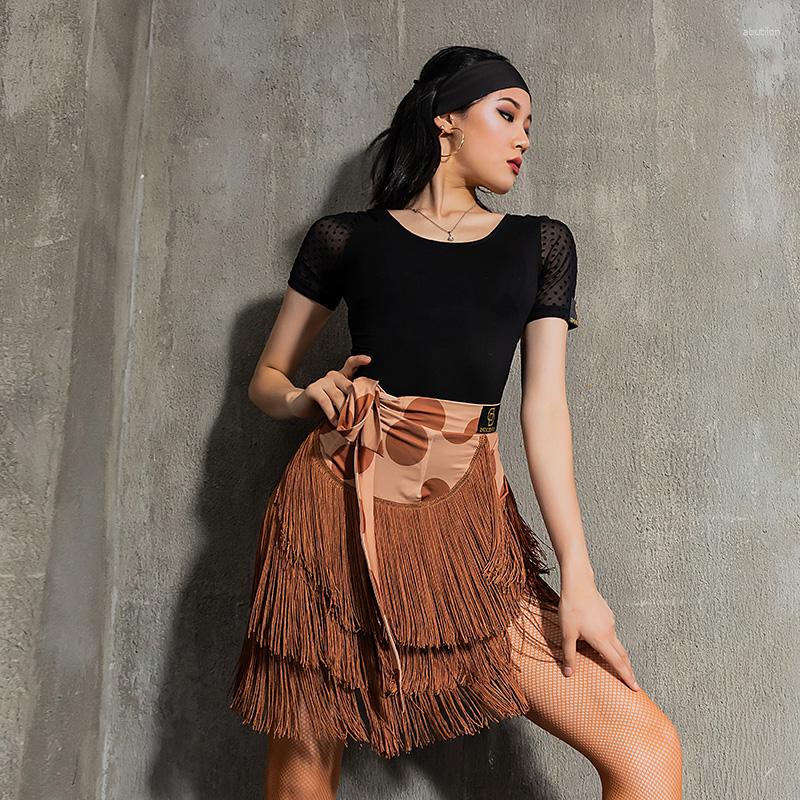 

Stage Wear Latin Dance Skirt Female Adult Sexy Practice Clothing Rumba Fringe Samba Tango Training Tassel Hip Scarf DWY6162, Black and red skirt