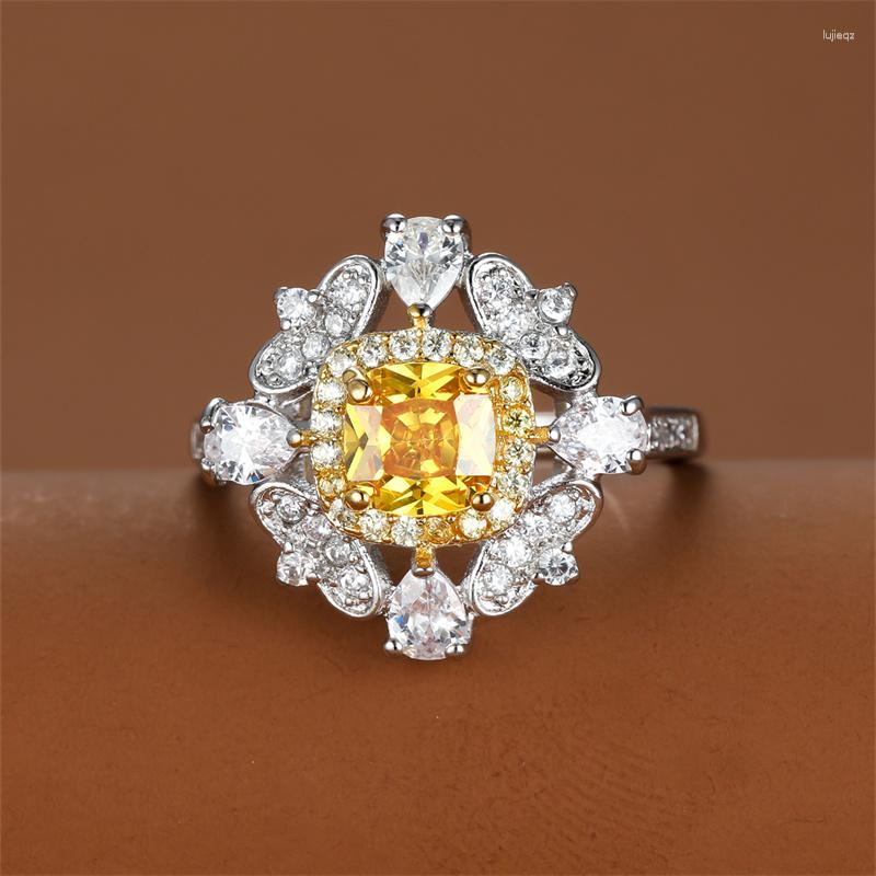 

Wedding Rings Luxury Big Flower For Women Square Yellow Pink Zircon Bands Silver Color Female Cocktail Ring Bridal Party Jewelry