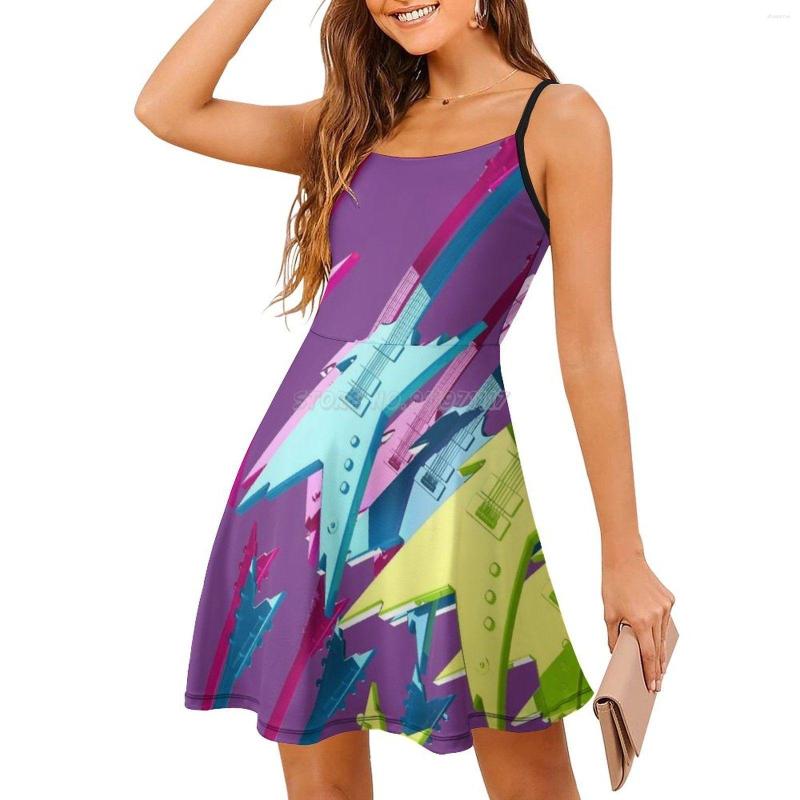 

Casual Dresses Colorful Electric Guitar Graphic Summer Beach Sundresses Woman Dress Boho Sexy Strap Sling Floral Midi Mus, White-11