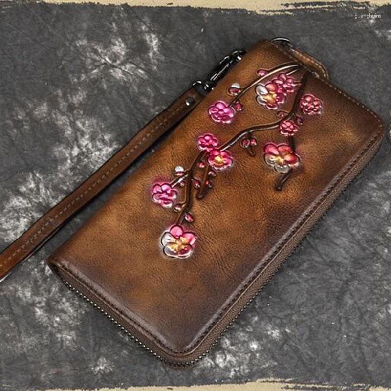 

Wallets Vintage Wallet Women Purse Clutch Handy Bags Card Holder Plum Flower Pattern Money Coin Pocket Genuine Leather Long Bag, Black