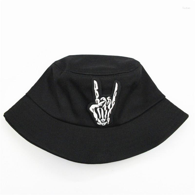 

Berets 2023 Skull Gesture Embroidery Cotton Bucket Hat Fisherman Outdoor Travel Sun Cap Hats For Men And Women 67, White