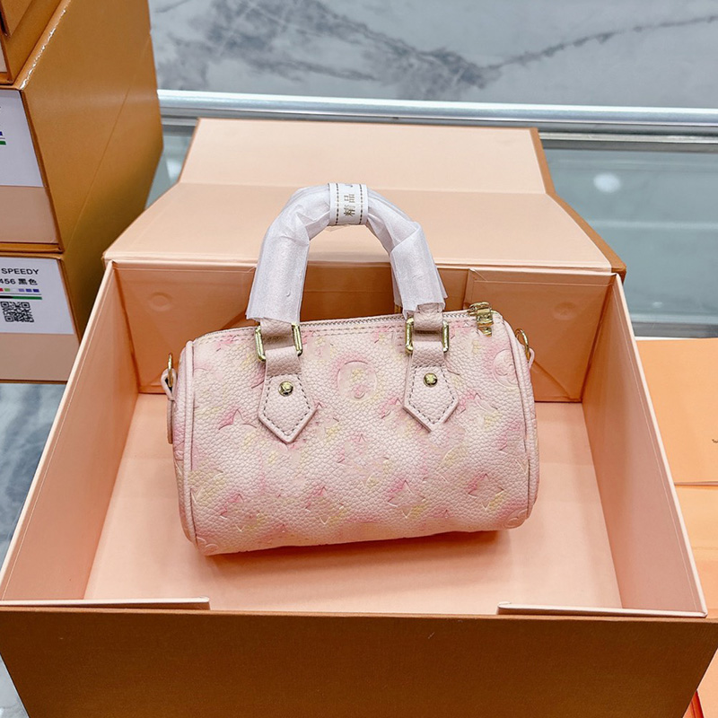 

Womens Designer Mini Speedy Pillow Bags Embossing Old Flower Top Handle Totes Removable Strap Crossbody Shoulder Luxury Outdoor Cosmetic Case Handbags 16CM, Box