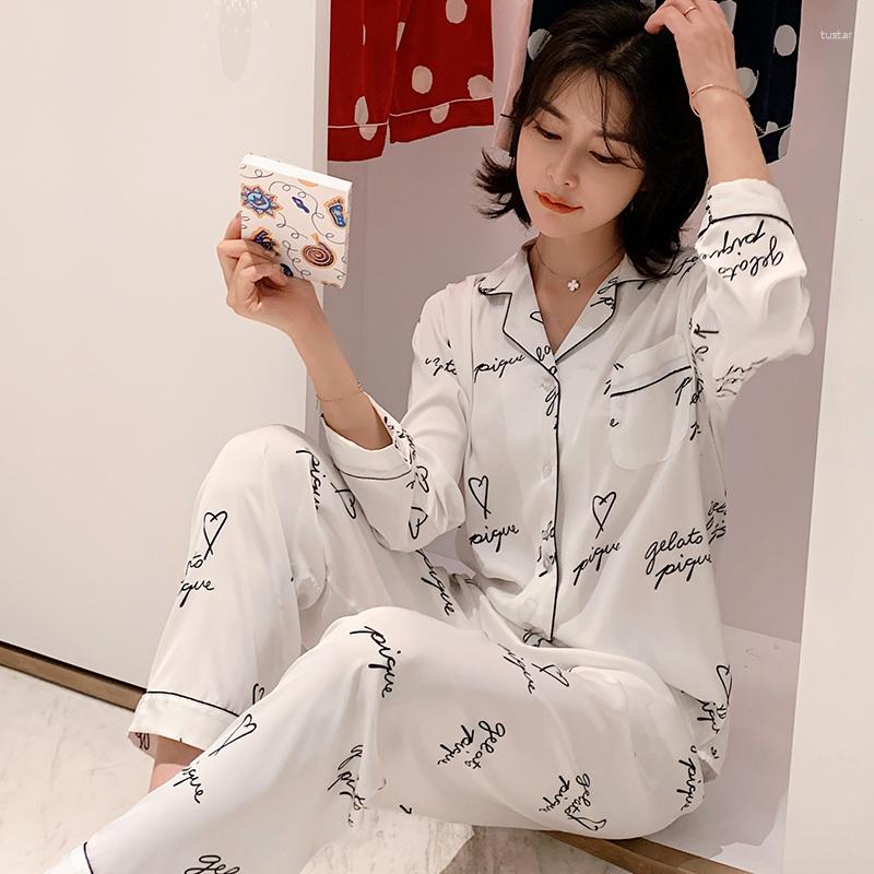 

Women's Sleepwear Women Summer Satin Pajamas Set Lounge Letter Imitation Silk Pijamas Ladies 2PCS Pyjamas Homewear Nighties For, White