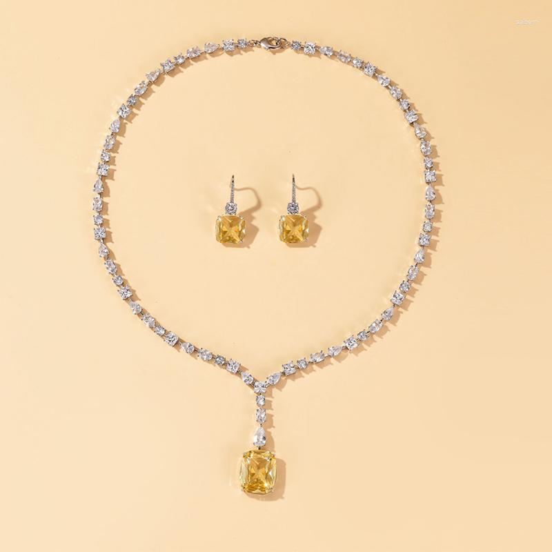 

Necklace Earrings Set Fashion Wedding Jewelry Women Full Stone Square Pendant Banquet Anniversary Gift, Picture shown