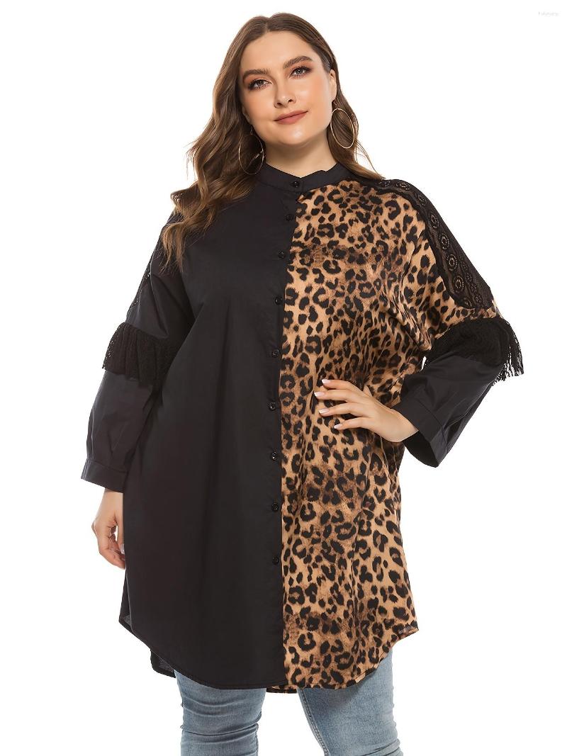 

Plus Size Dresses Women's Colorblock Leopard Print Lace Decor Long Sleeve Dress Button Front Midi, Black