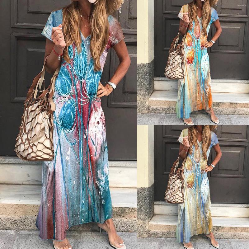 

Casual Dresses Vintage Flower Dress Women O Neck Pocket For Loose Long Ladies Vacation Party, Blue