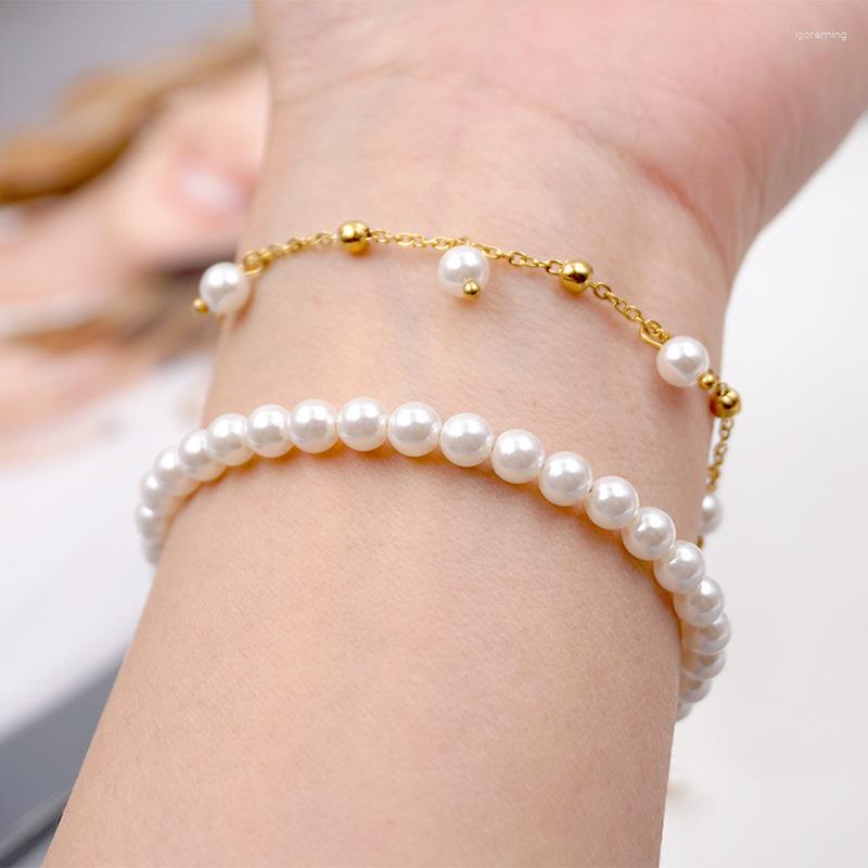 

Charm Bracelets ALLME French White Shell Pearl Beaded Bracelet 18K Gold Plated Stainless Steel For Women Party Accessories