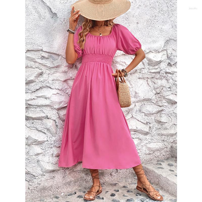 

Casual Dresses Off The Shoulder Dress Women Elegant Puff Sleeve Summer Midi Sundress Solid Color Female Outfits Vintage Holiday Style, Black