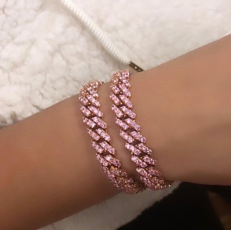 

Bangle 17CM 19CM Fashion Iced Out Bling Micro Pave Pink White CZ Curb Miami Cuban Link Chain Bracelets Rock Hip Hop Women Jewelry