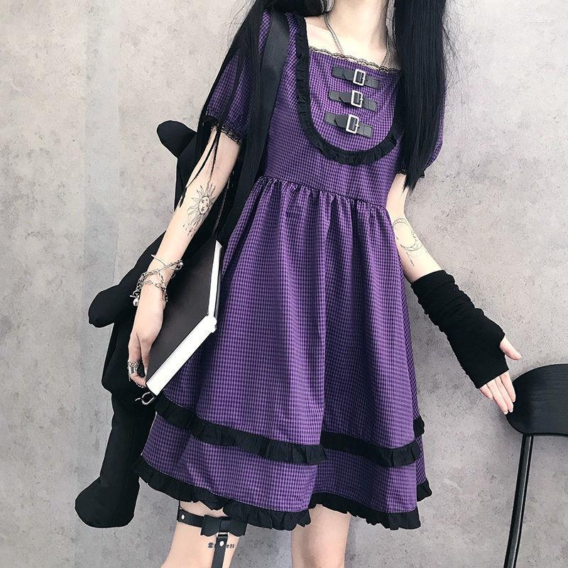 

Party Dresses Fluffy Sleeved Lolita Gothic Dress Purple Checkered Lace Harajuku Style Japanese Soft And 2023