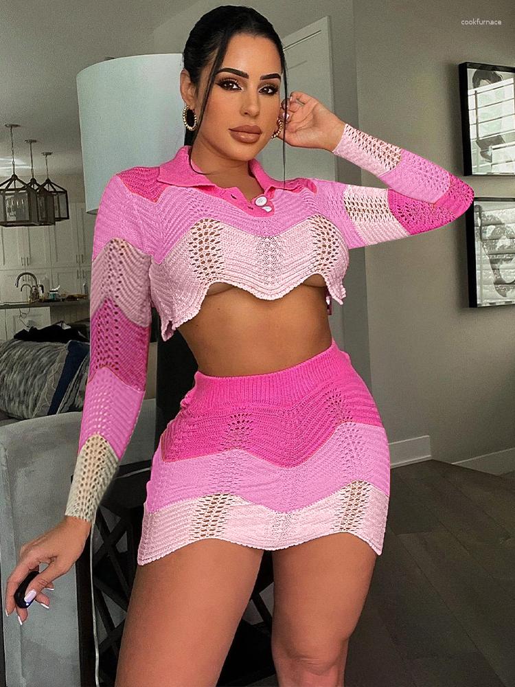 

Women's Blouses Women's Knitted Dress Suits Summer Autumn Polo Neck Long Sleeve Cropped Sweater And Elastic High Waist Mini Skirt, Orange