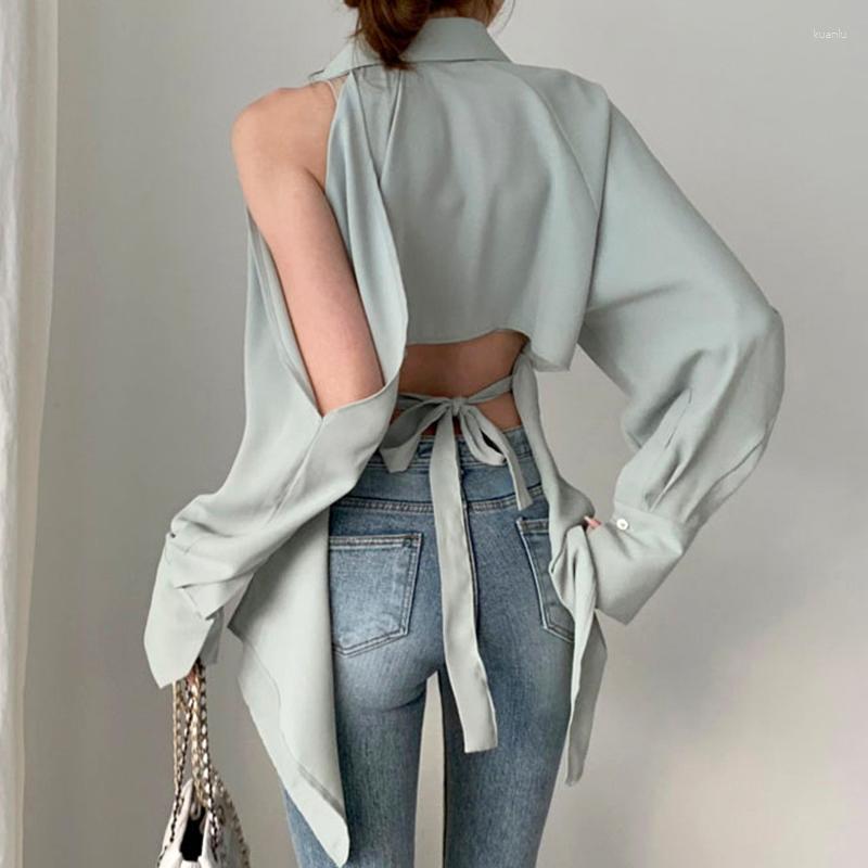 

Women's Blouses Off Shoulder Spring Summer 2023 Solid Tops Women Blouse Lady Hollow Out Turn Down Collar Fashion Shirts Blusa Mujer, Green