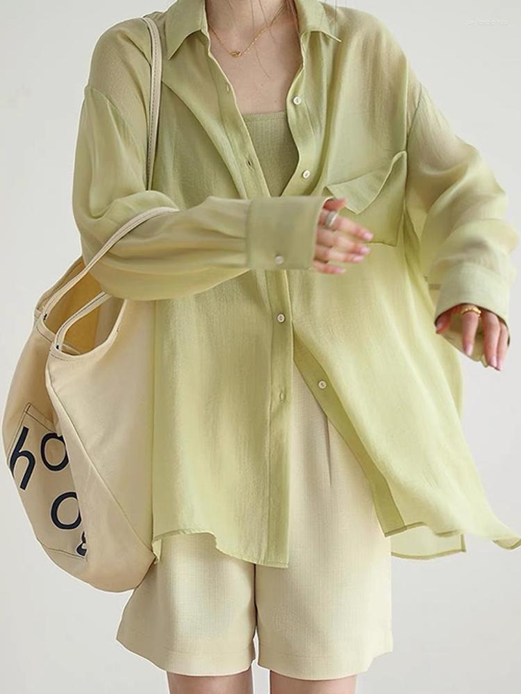 

Women' Blouses 2023 Summer Thin Women Shirt Elegant Oversized Solid Sunscreen Female Shirts All-match Single Breasted Long Sleeve Tops, Lemon green