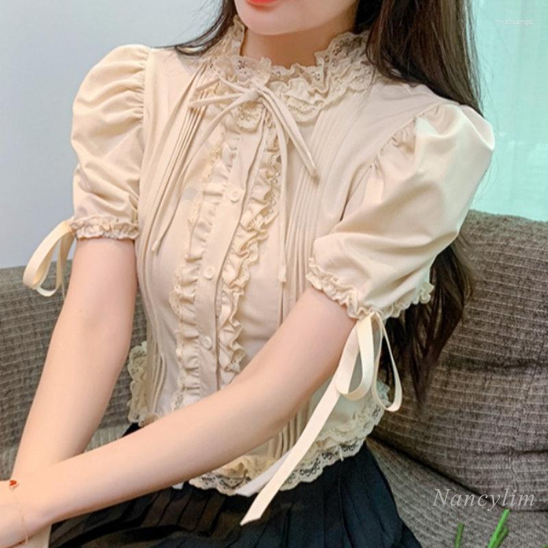 

Women's Blouses 2023 Summer Lolita Style Shirts For Women Lace Puff Sleeve Short Shirt Sleeved Unique Top Cropped, Apricot