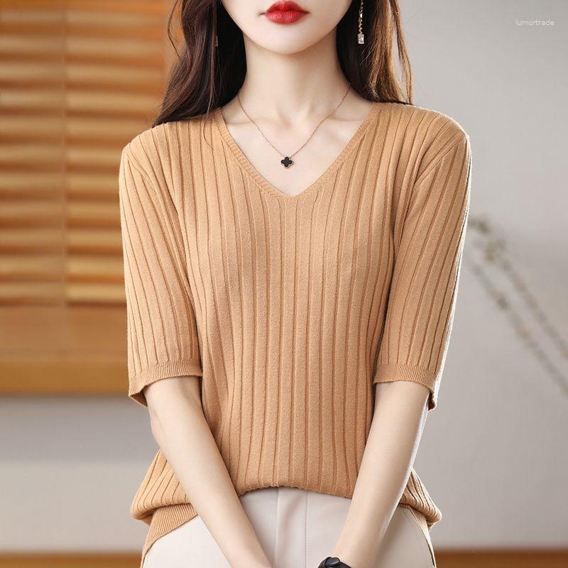 

Women' T Shirts 2023 Sexy Women Ribbed Knitted Elegant V-Neck Blouses Short Sleeve Female Solid Top Tee Fitness Korean Clothes Shirt Lady, Black