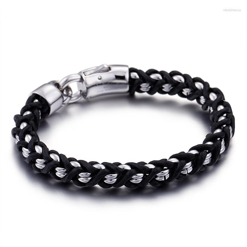 

Link Bracelets Fashion Men Multilayer Color Stainless Steel Byzantine Weave Chain Black Leather Pulseras Jewelry