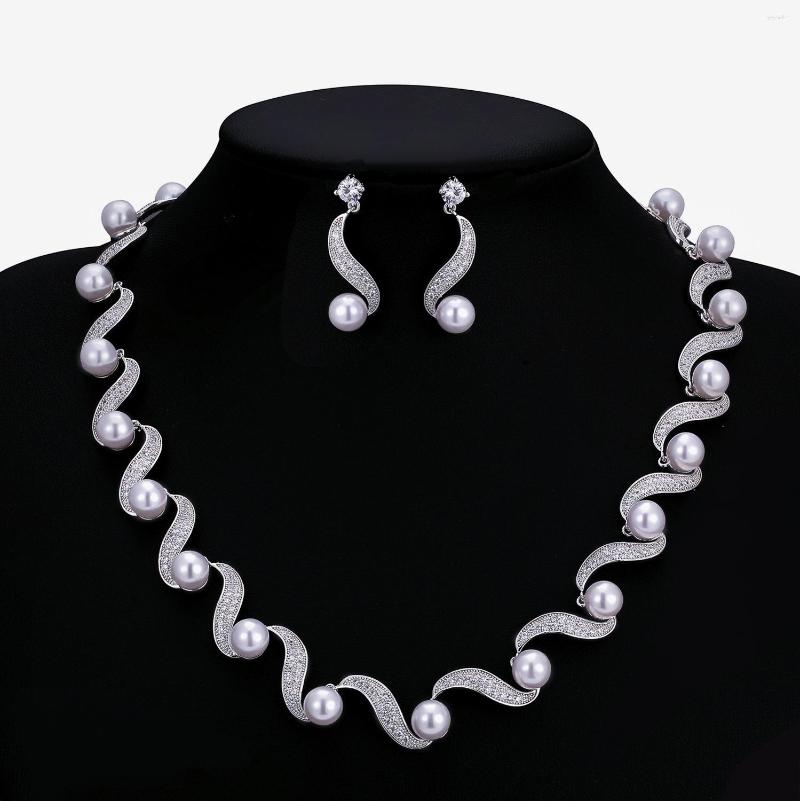 

Necklace Earrings Set Classic Full 5A Cubic Zirconia Pearl Bridal Wedding Earring Top Quality Women Prom Party CN10237, Picture shown