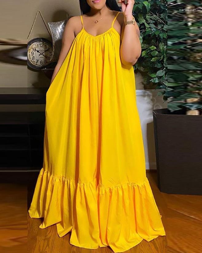 

Casual Dresses Women' Spaghetti Strap Plain 2023 Summer Fashion Ruched Ruffles Tied Detail Cutout Back A Line Maxi Dress