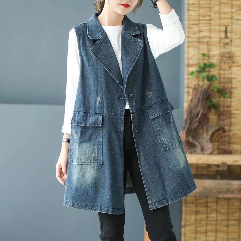 

Women' Vests Mid-length Suit Collar Denim Vest Female 2023 Spring Autumn Retro Loose Wild Coat Women Waistcoat Fashion Jeans Gilet, Black