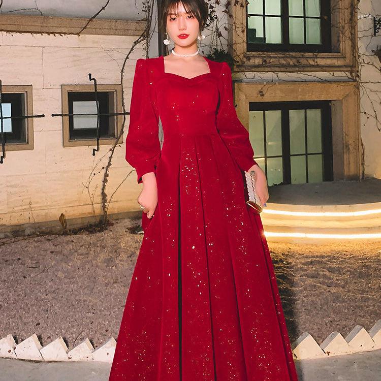 

Casual Dresses Square Collar Solid Color Spring Autumn Temperament Dress Women A-Line Long Skirt Fashion Long-Sleeved Female Clothing 245, Red