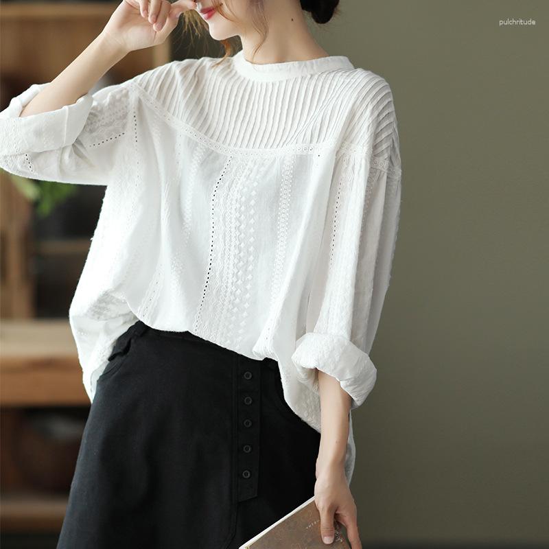 

Women's Blouses Women White Shirts Fold Long Sleeve Blosues Hollow Out Pullover Loose Black Lady Tops Female Clothes Japan Style