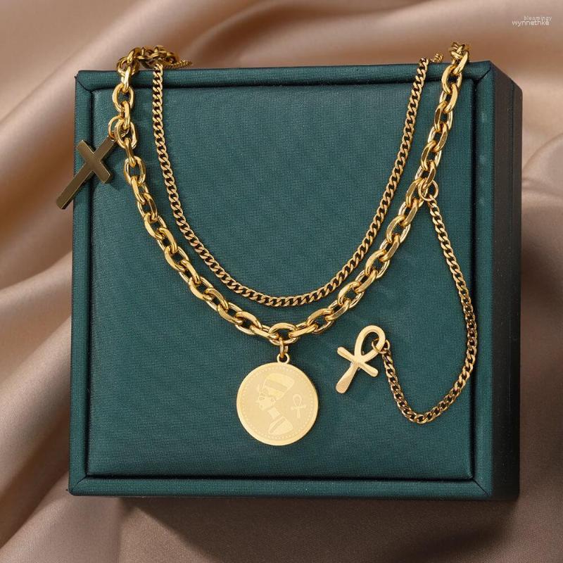 

Pendant Necklaces Cross Necklace For Women Multilayer Cuban Chain Stainless Steel Vintage Hip -hop Punk Aesthetic Jewelry Collar